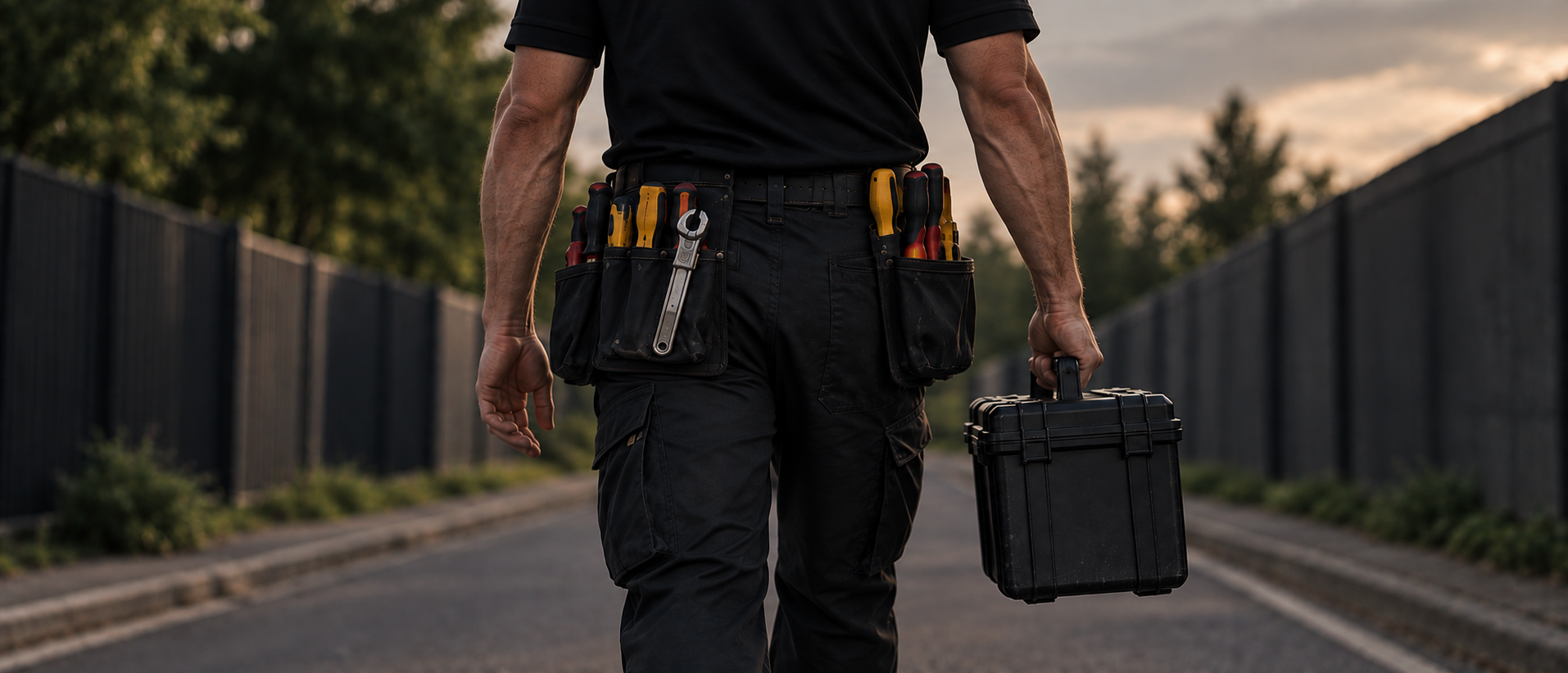 Tradesperson walking away carrying a tool case, tool belt visible