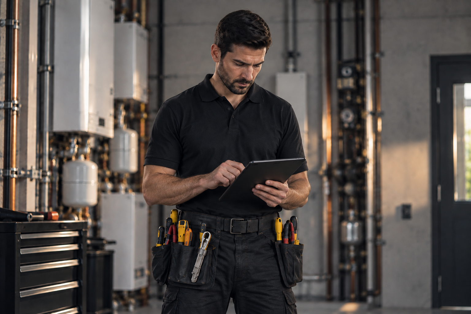Tradesperson checking a tablet, tool belt visible, mid-job